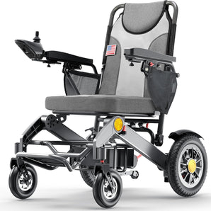 20-inch wide seat, 30-mile range, 500W power, 400-pound load capacity, lightweight, foldable, all-terrain electric wheelchair